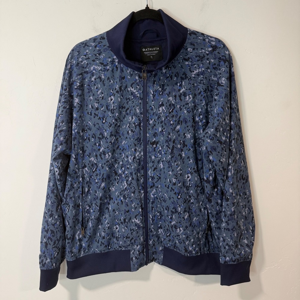 Athleta Womens Brooklyn Bomber Jacket II XL Blue Leopard Camo Full Zip 845499